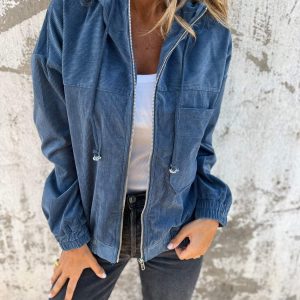 Veste unie en velours côtelé à capuche .