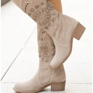 Bottes hautes en daim à talon moyen, fermeture éclair latérale