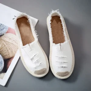 Laurynn | Élégantes espadrilles noires et blanches en toile usée très tendance